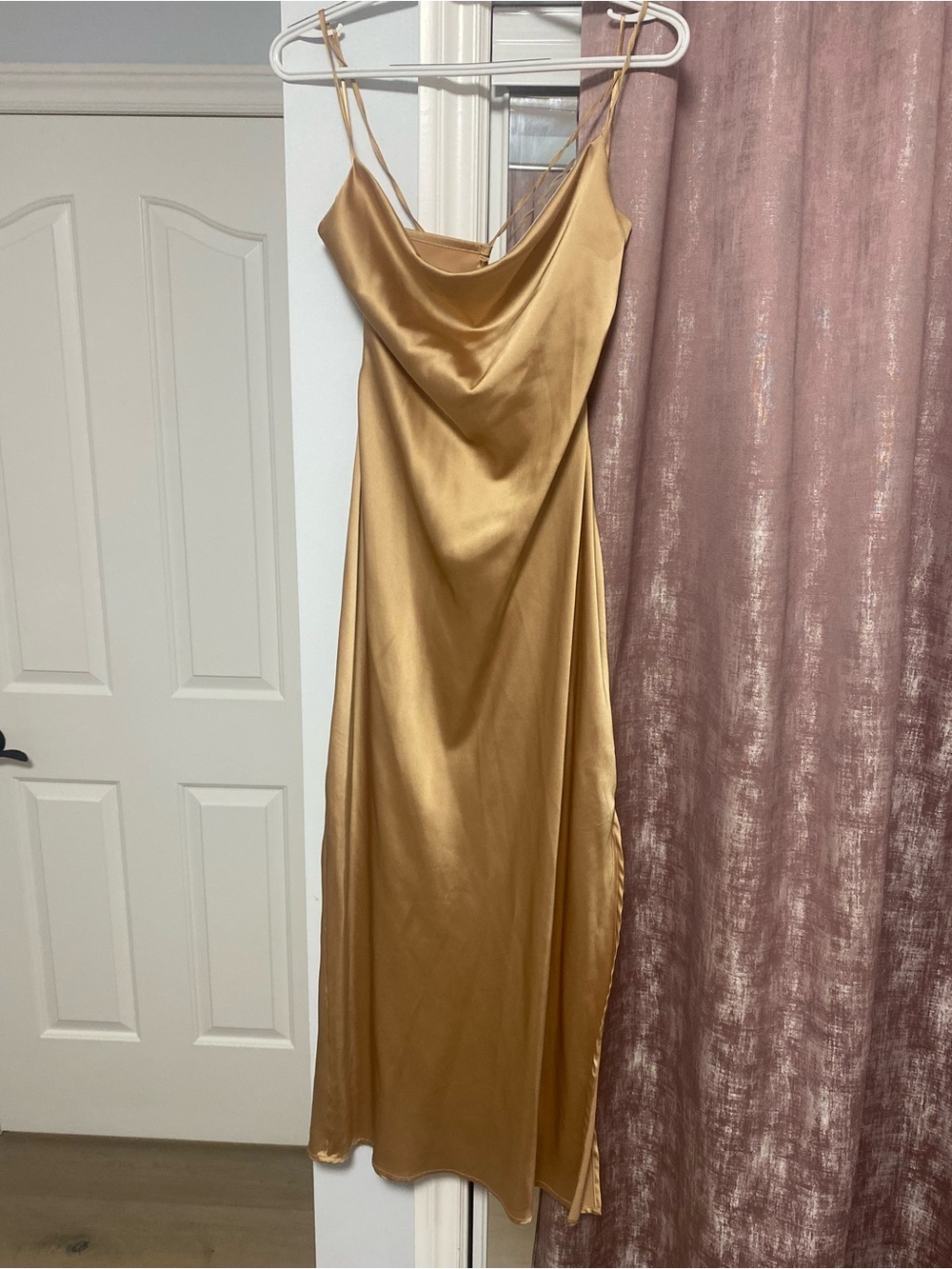 Lovely Day Metallic Gold Satin Cowl Midi Slip Dress